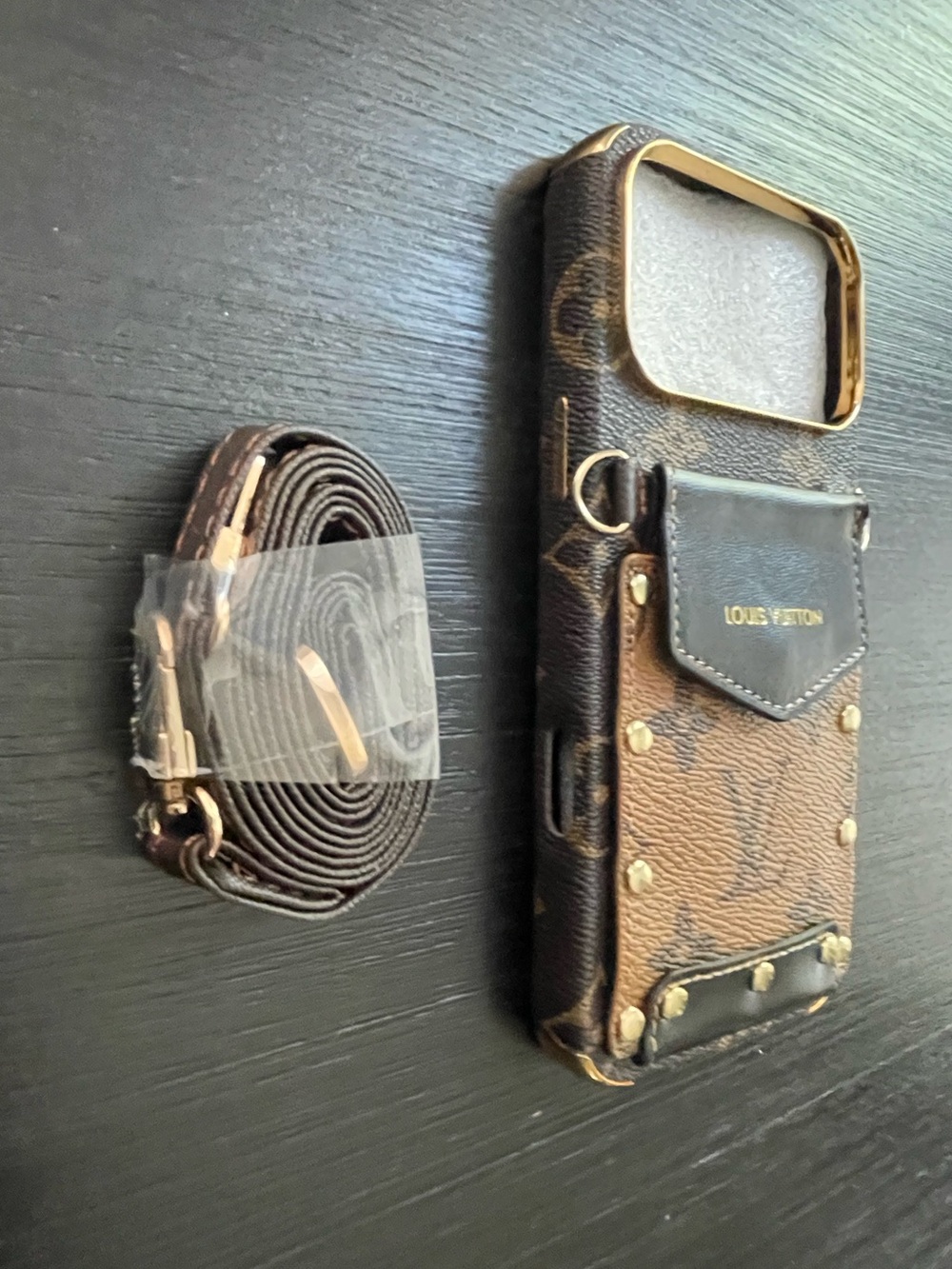 iPhone 17 pro max wallet crossbody Canvas Brown and Gold Studded Phone Case